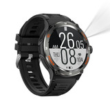 A black smart watch with a circular face, featuring a digital display and a textured strap, along with a logo.
