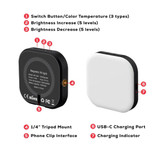 A magnetic LED selfie light in black and white, featuring adjustable brightness and multiple connection options.