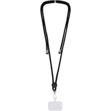 A black phone lanyard with a round fastener and a clear name tag holder at the bottom.