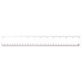 A 30cm clear plastic ruler with metric measurement markings and a branding logo.