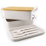 A white lunch container set with a bamboo lid, including a tray and white utensils. The set features a logo.
