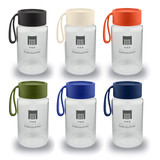 A drink bottle collection featuring six glass bottles in clear, green, navy, orange, cream, and black, with carrying straps and logos.