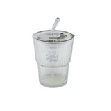 A glass ice coffee cup with a clear body, ribbed design, and a straw, featuring a lid and a logo.