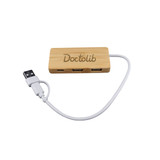 A bamboo USB hub with three ports and a white connecting cable, featuring a logo on the surface.