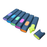 A set of highlighters in various colours, featuring a grey casing with bright accents. One cap is removed from a highlighter.