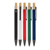 A collection of five metal pens in black, white, red, green, and blue, each with a bamboo accent and clip.