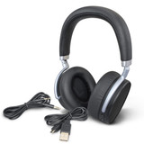 Black Onyx noise cancelling headphones with a silver frame, accompanied by two cables—a USB and a 3.5mm audio jack.