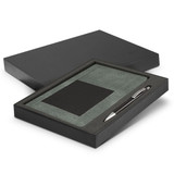 A green notebook and silver pen set displayed in a black gift box. Features a sleek design with a textured cover.