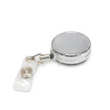 A silver retractable ID holder with a clear strap and clip, designed for attaching identification cards.
