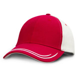 A red and white baseball cap with a curved brim and decorative stitching, featuring a logo on the front.