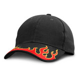 A black cap featuring red and yellow flame patterns on the brim and a branded logo.