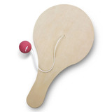A wooden paddle ball game with a round paddle and a red ball attached by a white string.