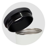 A drink bottle featuring a white body and a black lid, showcasing its stainless steel interior and exterior design.