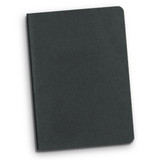 A dark green recycled cotton cahier notebook with a plain cover and rounded corners. Contains a logo on the front.