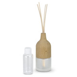 A NATURA Wooden Reed Diffuser in a wood and white design, accompanied by a clear liquid bottle.
