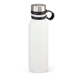 A drink bottle with a matte white body, stainless steel lid, and a black strap for easy carrying.