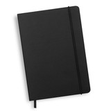A black diary featuring a smooth cover and an elastic band closure, with a ribbon bookmark.