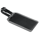 A luggage tag in black and grey materials with a strap for attachment. It features a logo.
