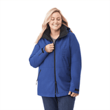 A blue women's soft shell jacket features a zippered front and a plush inner lining, with a logo on the front.