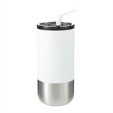 A drink bottle featuring a white exterior and stainless steel base, with a removable straw and branding on it.
