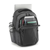 A black computer backpack with multiple pockets, a laptop, pens, and a drink bottle holder.