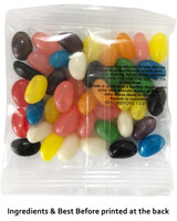 A clear bag filled with colourful jelly beans in various shades including yellow, pink, purple, and black.