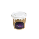 A coffee cup with a white lid, featuring a brown paper exterior and branding design.