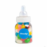 A drink bottle filled with colourful jelly beans in various shades, featuring a cap and a logo.