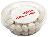 A clear tub filled with white and pastel mints, featuring a branded lid.