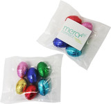 Mini solid Easter eggs in a clear bag, featuring shiny foil in red, blue, purple, green, and gold.