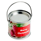 A medium PVC bucket filled with assorted Christmas twist-wrapped boiled lollies in bright colours.