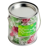 A Big PVC bucket filled with green and pink twist-wrapped boiled lollies, featuring a festive label and metal handle.