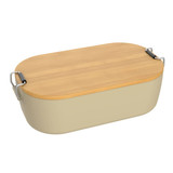 A salad box in a soft beige colour with a bamboo lid and metal clips on the sides.