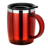 A travel mug in vibrant red with a black lid and silver band, featuring a sturdy handle.