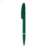 A green plastic pen with a clip and a silver band. It features a sleek design and a branding logo.