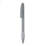 A grey plastic pen with a sleek design featuring a clip and a rounded tip. It has a simple branding logo.