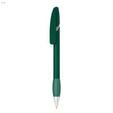 A green plastic pen with a clip and a silver accent at the top, featuring a branding logo.