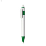 A plastic pen featuring a white body with green accents and a clip. It has a rounded top and a pointed tip.