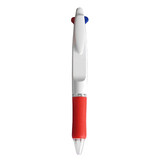 A plastic pen with a red grip, blue and red top buttons, featuring a clear barrel and a logo.