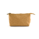 A tan Kraft paper cosmetic bag with a zip closure and a small logo tag.