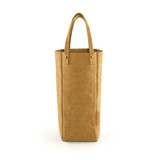 A drink bottle carrier bag made of kraft paper in a tan colour, featuring two handles and a logo.