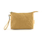 A tan Kraft paper cosmetic bag with a zipper and a wrist strap, featuring a simple design and no visible branding.