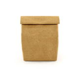 A kraft paper cooler bag in a neutral brown colour, featuring a fold-over top and a simple design. It has a logo.