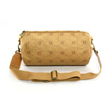 A tan kraft paper duffle bag with a logo, featuring a detachable shoulder strap and a cylindrical shape.