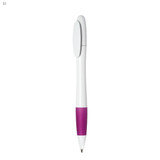 A plastic pen in white and purple, featuring a logo on the side and a clip on the top.