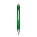 A green plastic pen with silver accents, featuring a logo on the barrel.