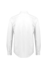 A white long sleeve button-up shirt with a classic fit and back pleat detailing. It features cuff buttons and has a logo.