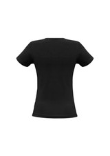 A black ladies' t-shirt with short sleeves and a fitted style, featuring a logo on the back.