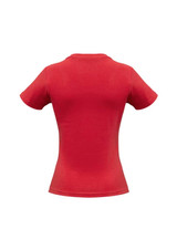 A red ladies short sleeve tee with a fitted silhouette and a classic crew neck, featuring a logo on the back.