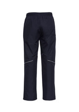 A pair of unisex track pants in navy blue, featuring reflective detailing and an elasticated waistband.